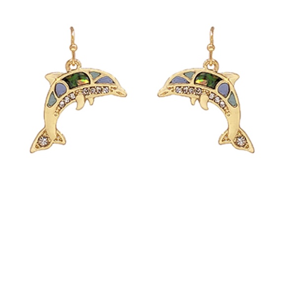 Dolphin Abalone & Rhinestone Earrings - Picture 1 of 2